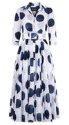 Aster Dress Shirt Collar 3/4 Sleeve Midi Plus Length Cotton Musola (Mixed Dots White)