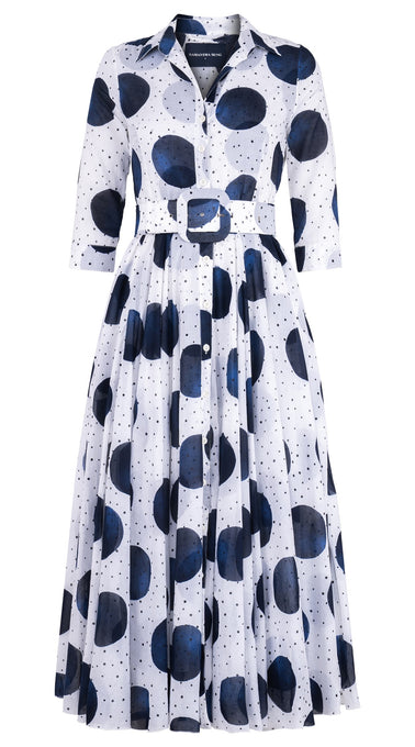 Aster Dress Shirt Collar 3/4 Sleeve Midi Plus Length Cotton Musola (Mixed Dots White)