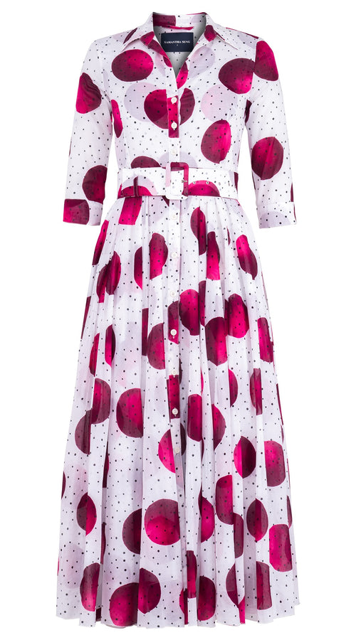 Aster Dress Shirt Collar 3/4 Sleeve Midi Plus Length Cotton Musola (Mixed Dots White)