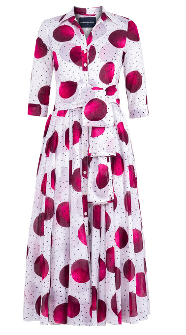 Aster Dress Shirt Collar 3/4 Sleeve Midi Plus Length Cotton Musola (Mixed Dots White)