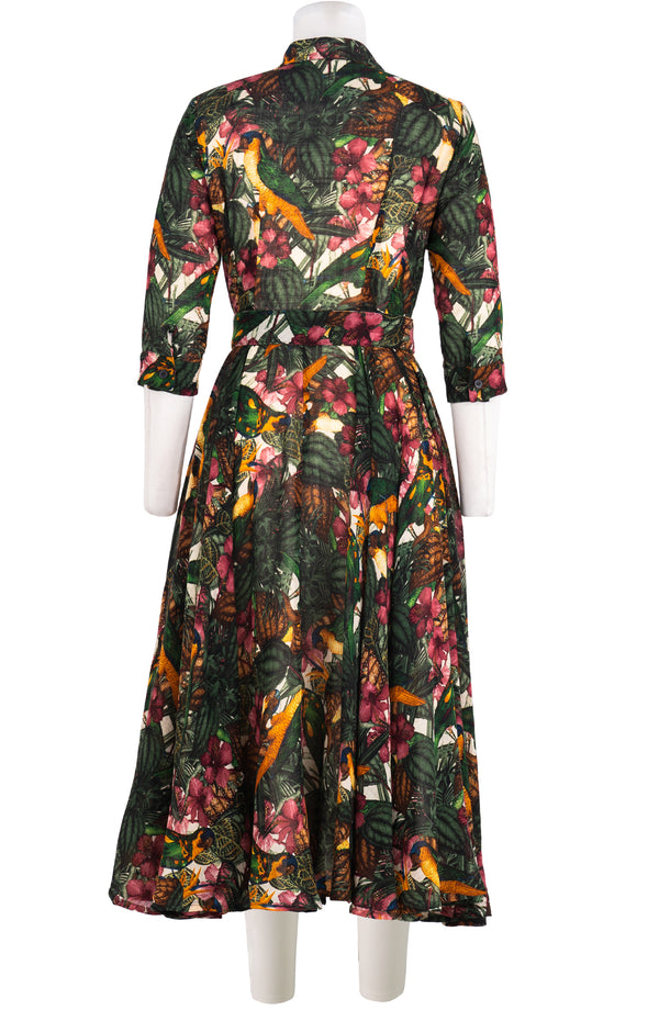Aster Dress Shirt Collar 3/4 Sleeve Midi Length Wool (Mocking Bird) - Ivory Multi