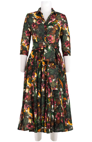 Aster Dress Shirt Collar 3/4 Sleeve Midi Length Wool (Mocking Bird) - Ivory Multi