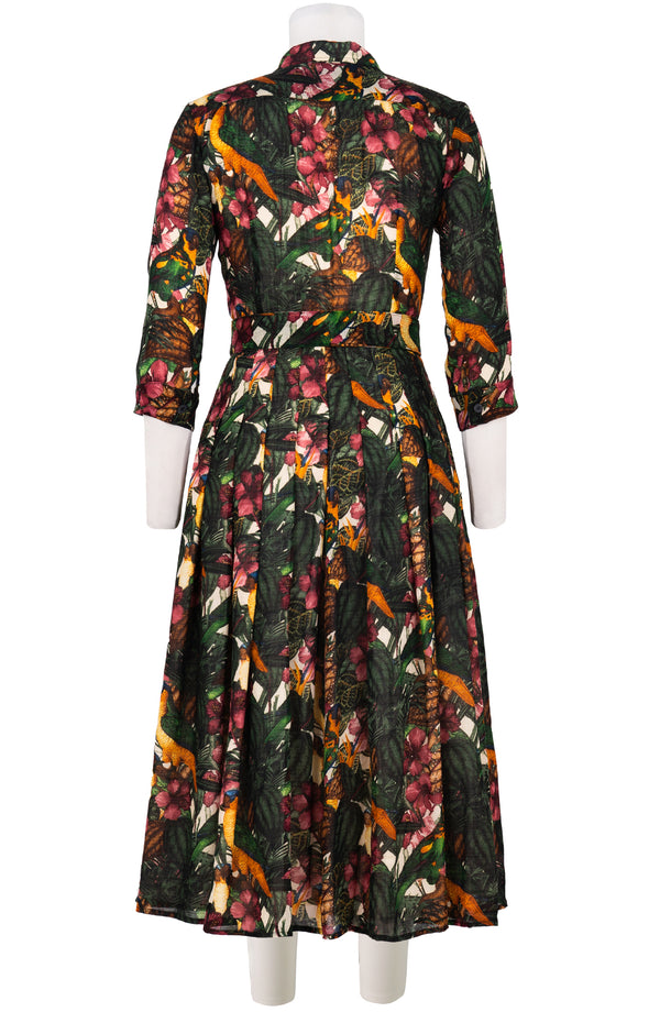 Audrey Dress #4 Shirt Collar 3/4 Sleeve Midi Length Wool (Mocking Bird) - Ivory Multi