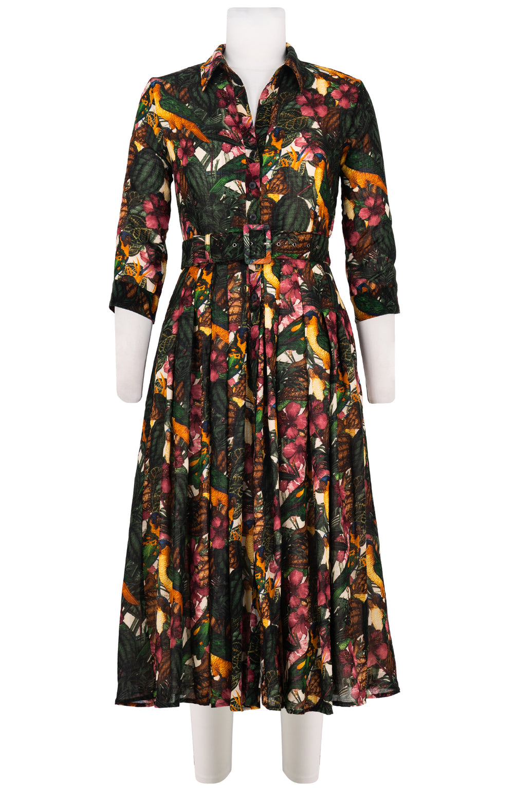 Audrey Dress #4 Shirt Collar 3/4 Sleeve Midi Length Wool (Mocking Bird) - Ivory Multi