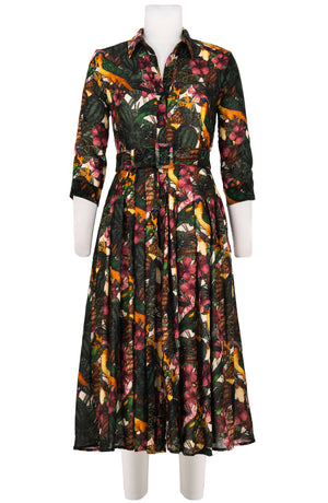 Audrey Dress #4 Shirt Collar 3/4 Sleeve Midi Length Wool (Mocking Bird) - Ivory Multi