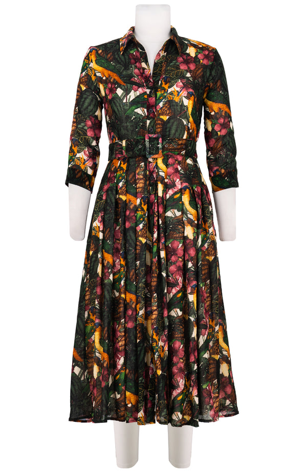 Audrey Dress #4 Shirt Collar 3/4 Sleeve Midi Length Wool (Mocking Bird) - Ivory Multi