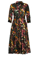 Audrey Dress #4 Shirt Collar 3/4 Sleeve Midi Length Wool (Mocking Bird) - Ivory Multi