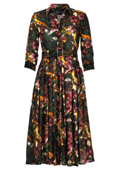Audrey Dress #4 Shirt Collar 3/4 Sleeve Midi Length Wool (Mocking Bird) - Ivory Multi