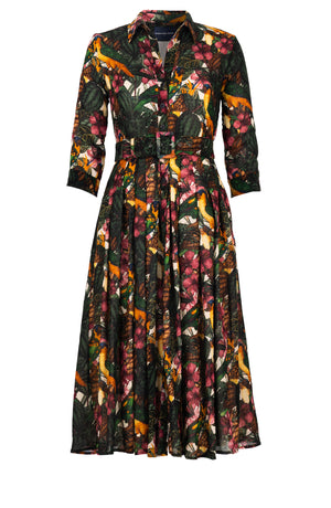 Audrey Dress #4 Shirt Collar 3/4 Sleeve Midi Length Wool (Mocking Bird) - Ivory Multi
