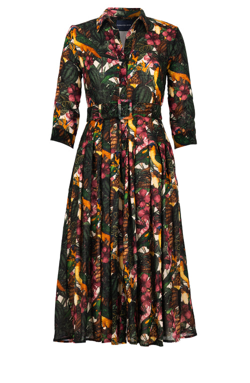 Audrey Dress #4 Shirt Collar 3/4 Sleeve Midi Length Wool (Mocking Bird) - Ivory Multi