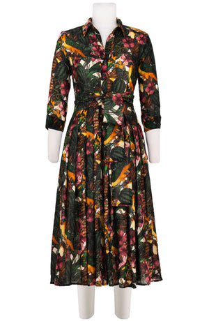 Audrey Dress #4 Shirt Collar 3/4 Sleeve Midi Length Wool (Mocking Bird) - Ivory Multi