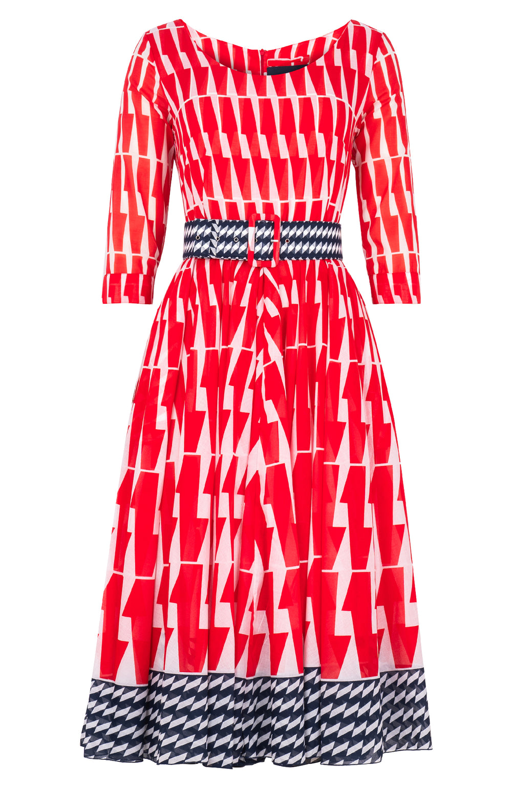 Aster Dress Boat Neck 3/4 Sleeve Midi Length Cotton Musola (Mode Zigzag)