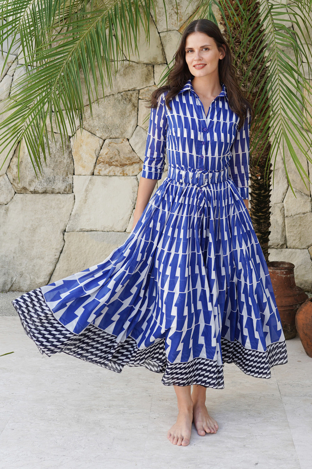 Aster Dress Shirt Collar 3/4 Sleeve Maximum Length Cotton Musola (Mode Zigzag)