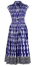 Amber Dress Shirt Collar Cap Sleeve Midi Length Cotton Stretch (Mode Zigzag)