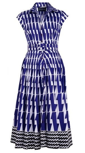Amber Dress Shirt Collar Cap Sleeve Midi Length Cotton Stretch (Mode Zigzag)