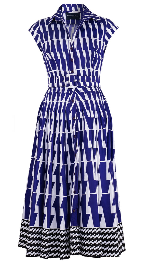 Amber Dress Shirt Collar Cap Sleeve Midi Length Cotton Stretch (Mode Zigzag)