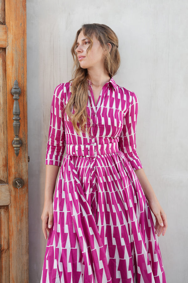 Aster Dress Shirt Collar 3/4 Sleeve Maximum Length Cotton Musola (Mode Zigzag)
