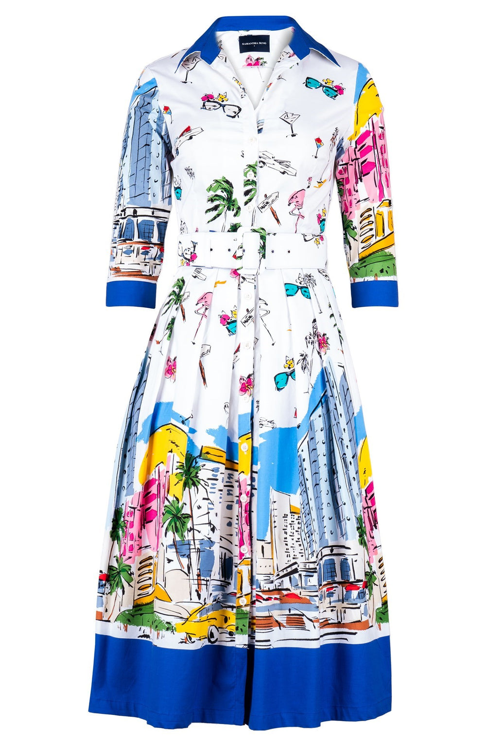 Audrey Dress #1 Shirt Collar 3/4 Sleeve Midi Length Cotton Stretch (Monaco White)