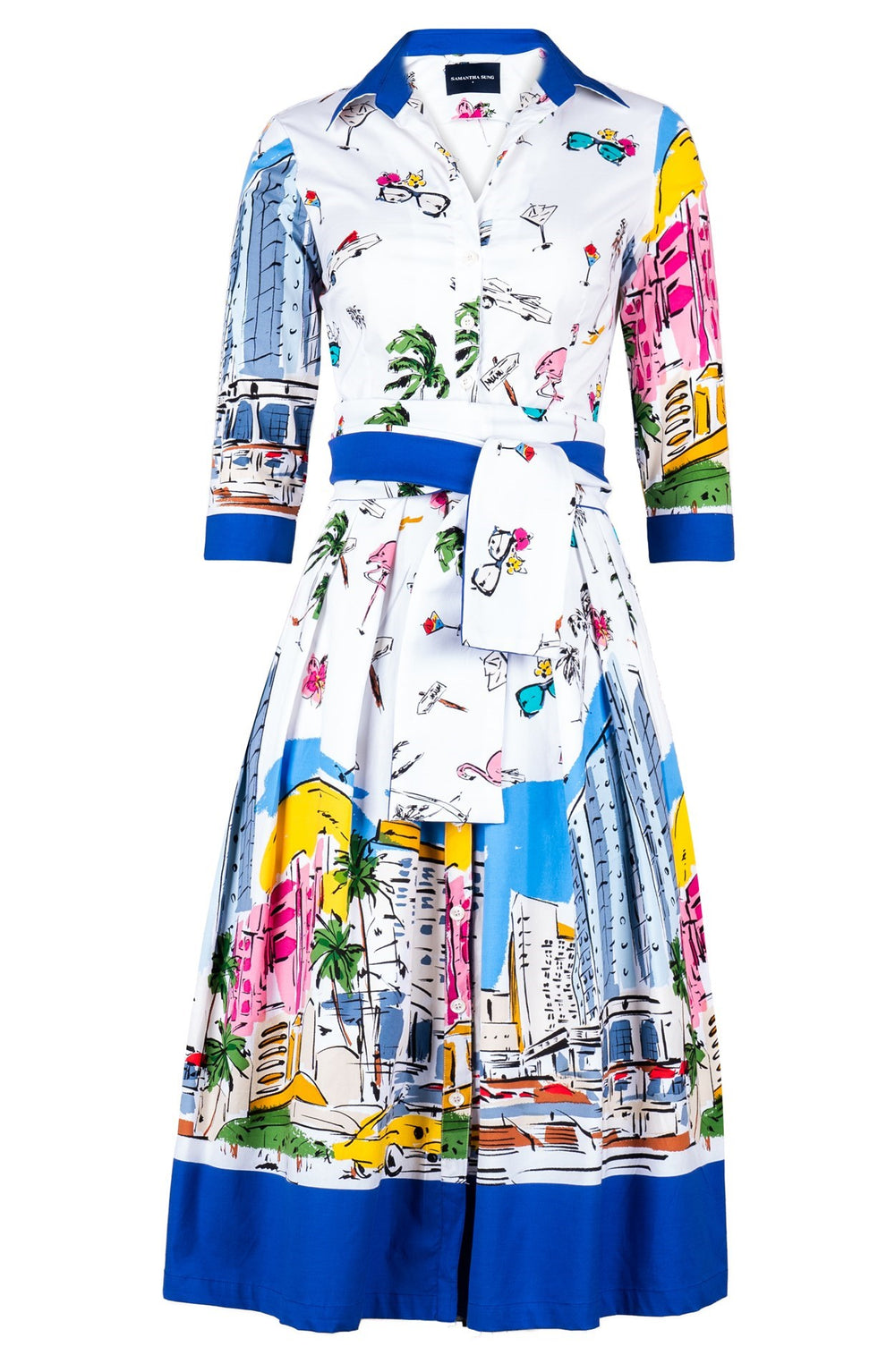 Audrey Dress #1 Shirt Collar 3/4 Sleeve Midi Length Cotton Stretch (Monaco White)