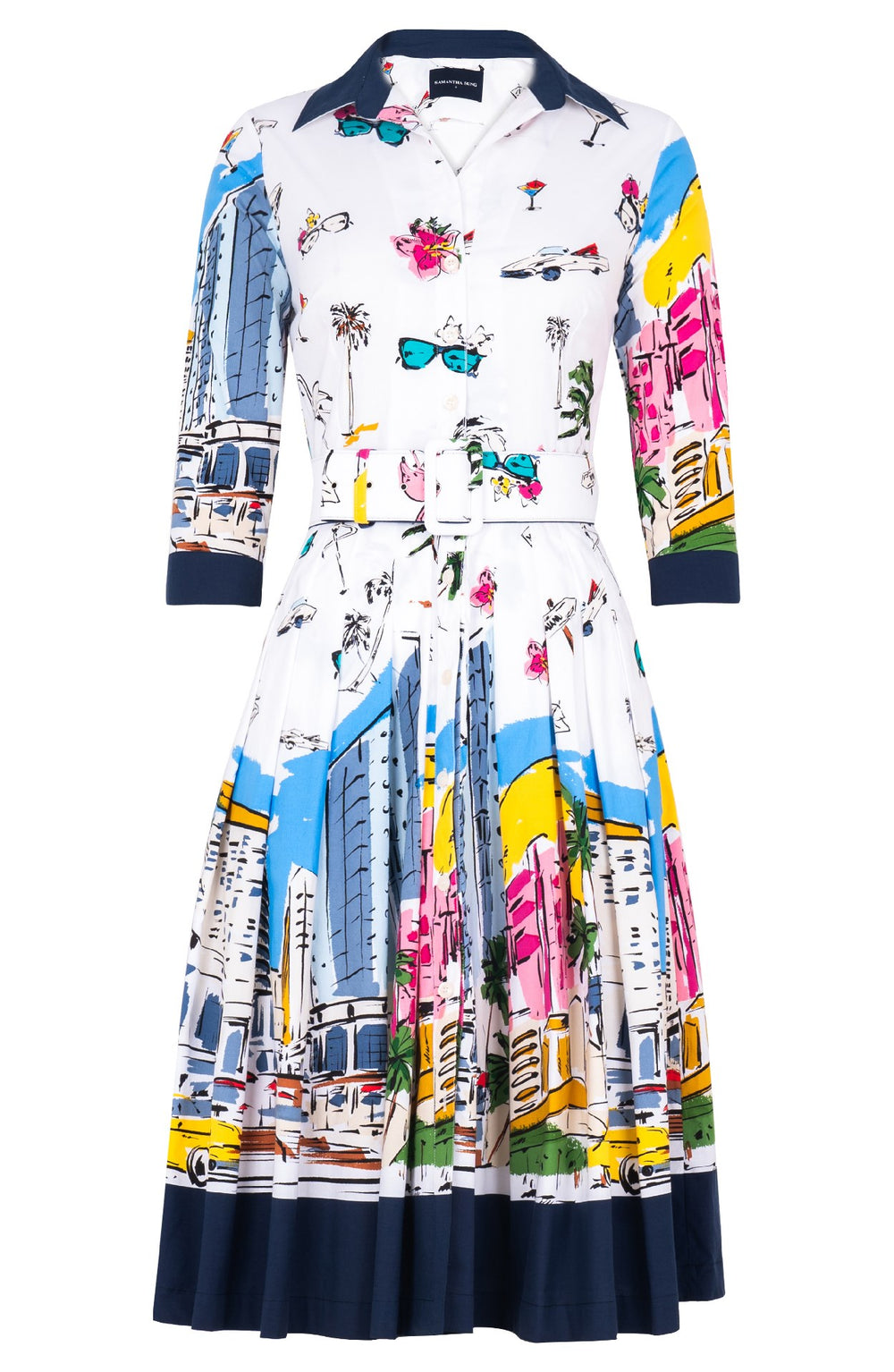Audrey Dress #2 Shirt Collar 3/4 Sleeve Long Length Cotton Stretch (Monaco White)