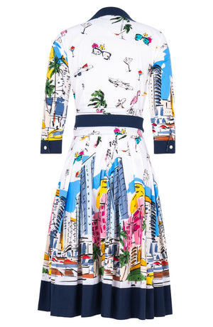 Audrey Dress #2 Shirt Collar 3/4 Sleeve Long Length Cotton Stretch (Monaco White)