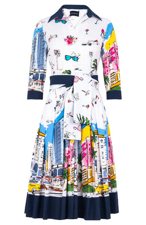 Audrey Dress #2 Shirt Collar 3/4 Sleeve Long Length Cotton Stretch (Monaco White)