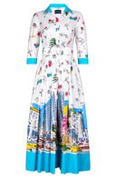 Audrey Dress #2 Shirt Collar 3/4 Sleeve Ankle Length Cotton Stretch (Monaco White)