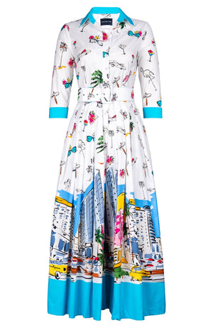 Audrey Dress #2 Shirt Collar 3/4 Sleeve Ankle Length Cotton Stretch (Monaco White)