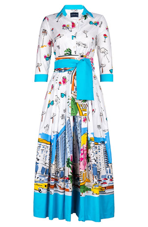 Audrey Dress #2 Shirt Collar 3/4 Sleeve Ankle Length Cotton Stretch (Monaco White)