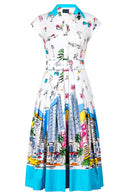 Audrey Dress #2 Shirt Collar Cap Sleeve Midi Length Cotton Stretch (Monaco White)
