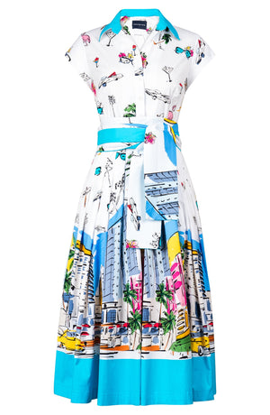 Audrey Dress #2 Shirt Collar Cap Sleeve Midi Length Cotton Stretch (Monaco White)