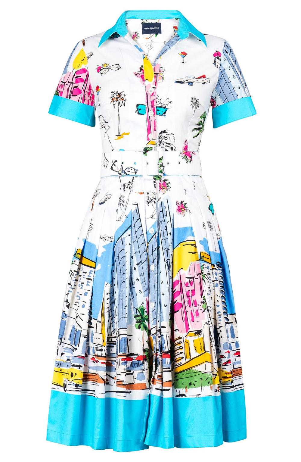 Audrey Dress #2 Shirt Collar Short Cuffed Sleeve Long Length Cotton Stretch (Monaco White)