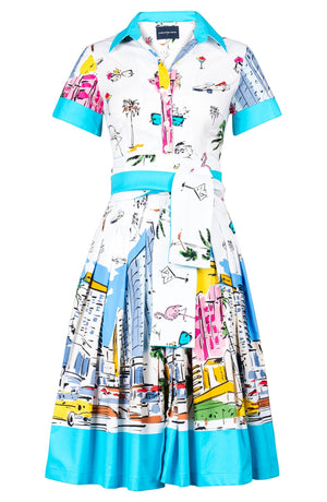 Audrey Dress #2 Shirt Collar Short Cuffed Sleeve Long Length Cotton Stretch (Monaco White)