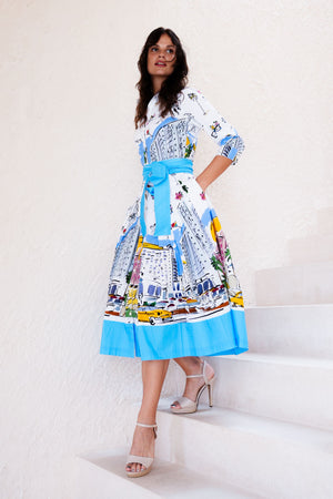 Audrey Dress #2 Shirt Collar 3/4 Sleeve Midi Length Cotton Stretch (Monaco White)