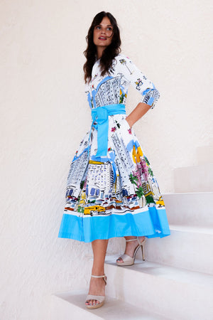 Audrey Dress #2 Shirt Collar 3/4 Sleeve Midi Length Cotton Stretch (Monaco White)