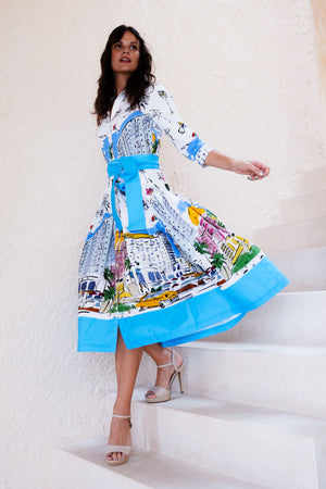 Audrey Dress #2 Shirt Collar 3/4 Sleeve Midi Length Cotton Stretch (Monaco White)