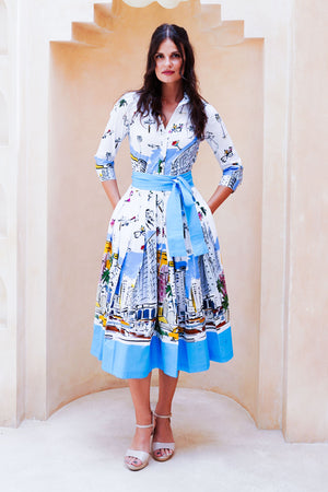 Audrey Dress #2 Shirt Collar 3/4 Sleeve Midi Length Cotton Stretch (Monaco White)