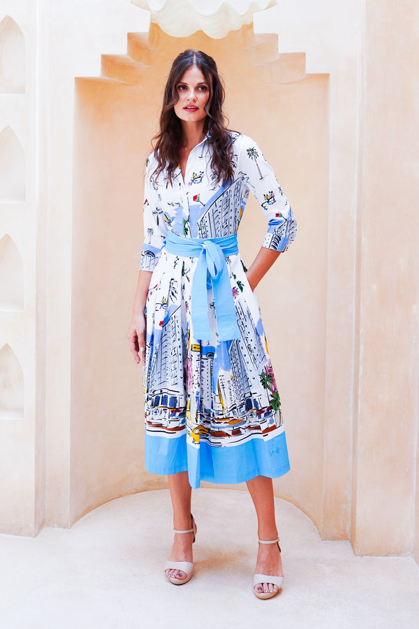 Audrey Dress #2 Shirt Collar 3/4 Sleeve Midi Length Cotton Stretch (Monaco White)