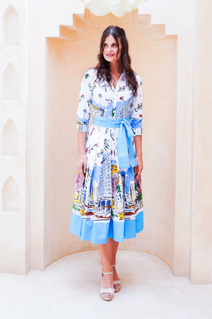 Audrey Dress #2 Shirt Collar 3/4 Sleeve Midi Length Cotton Stretch (Monaco White)