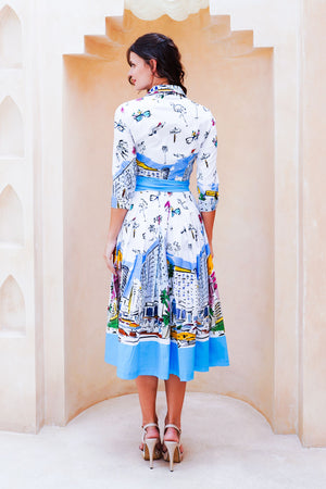 Audrey Dress #2 Shirt Collar 3/4 Sleeve Midi Length Cotton Stretch (Monaco White)