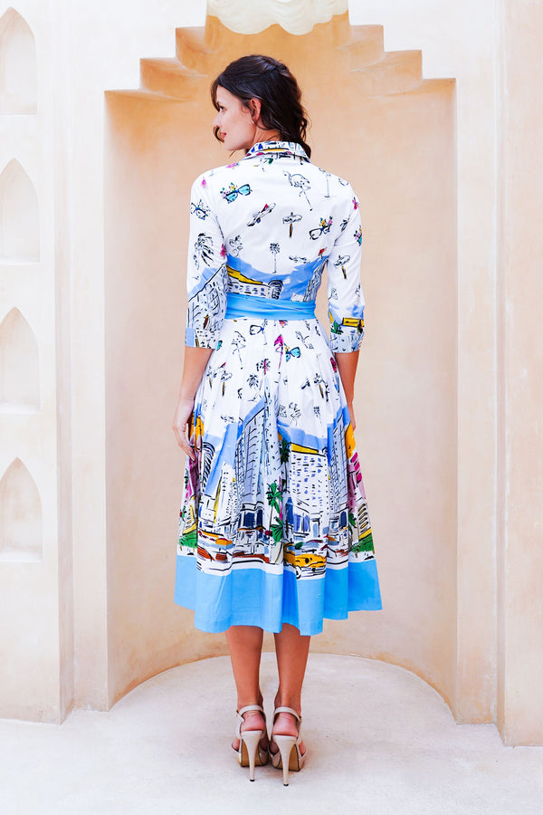 Audrey Dress #2 Shirt Collar 3/4 Sleeve Midi Length Cotton Stretch (Monaco White)