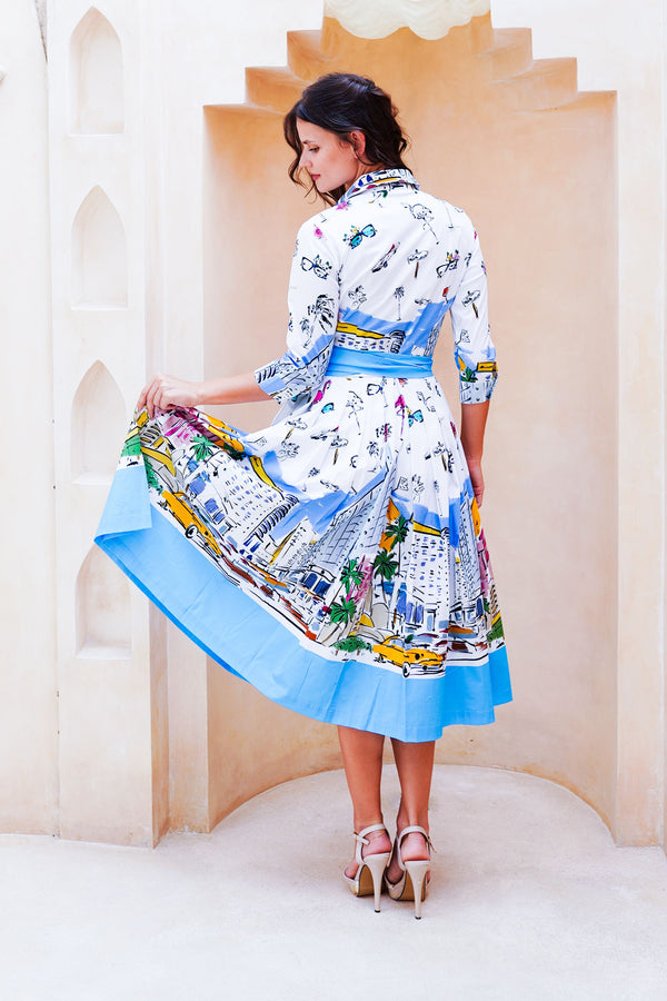 Audrey Dress #2 Shirt Collar 3/4 Sleeve Midi Length Cotton Stretch (Monaco White)