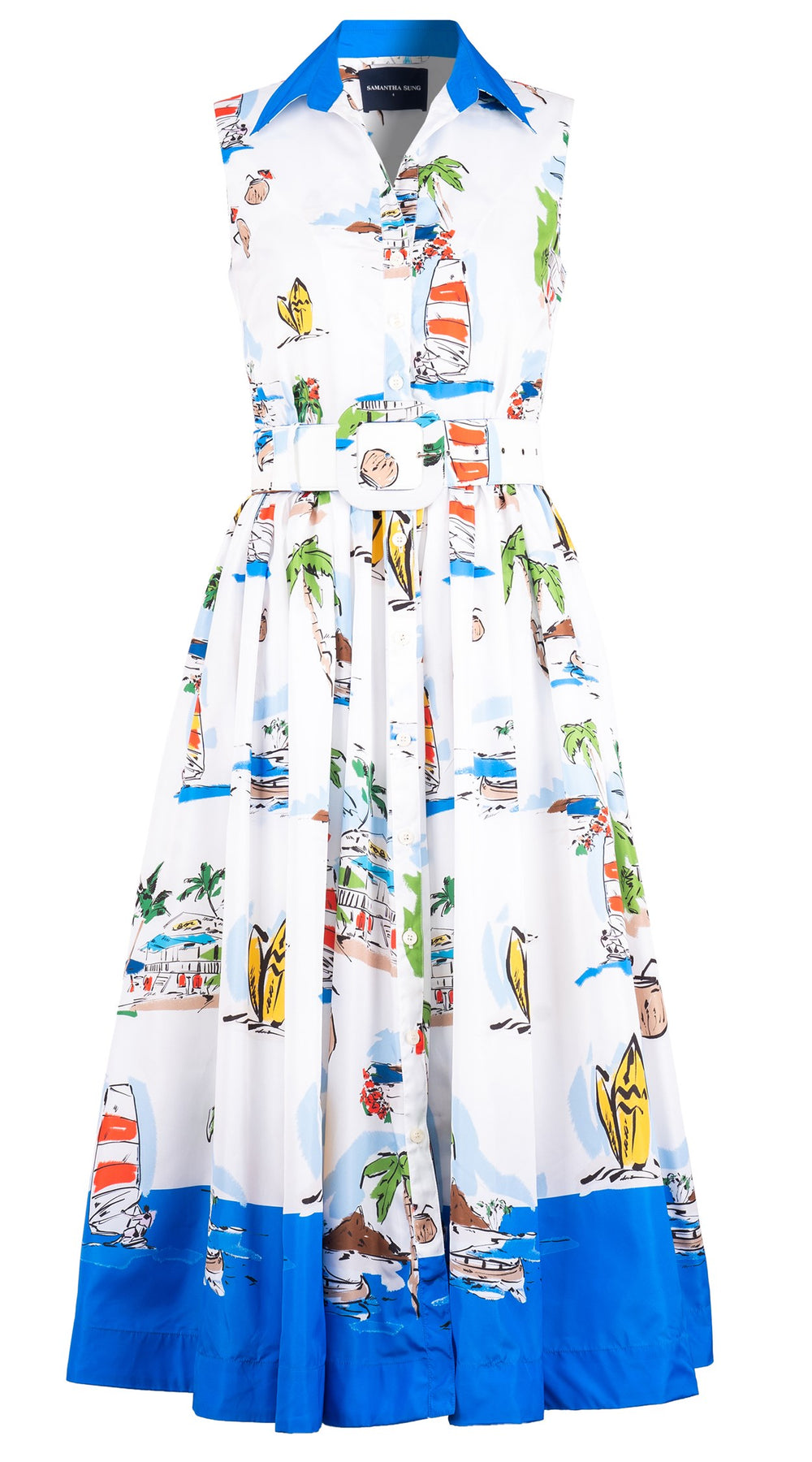 Terry Dress Shirt Collar Sleeveless Midi Plus Length Silk Taffta (Monaco White)