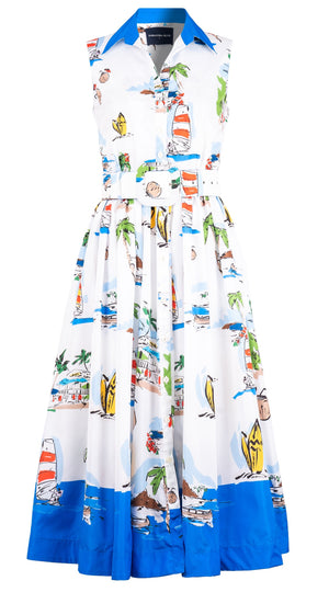 Terry Dress Shirt Collar Sleeveless Midi Plus Length Silk Taffta (Monaco White)