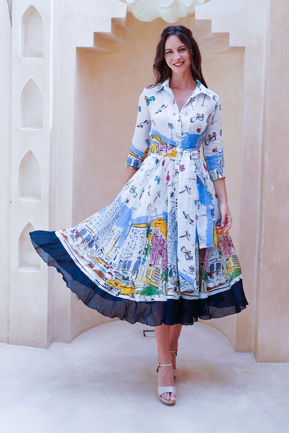 Aster Dress Shirt Collar 3/4 Sleeve Midi Length Cotton Musola (Monaco White)