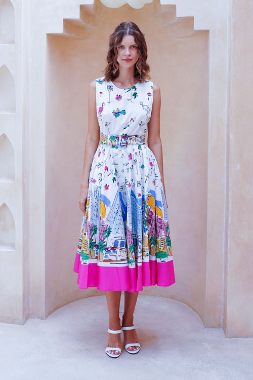 Abelia Dress Crew Neck Sleeveless Midi Length Cotton Stretch (Monaco White)