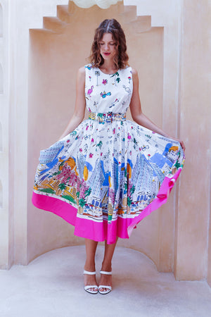 Abelia Dress Crew Neck Sleeveless Midi Length Cotton Stretch (Monaco White)