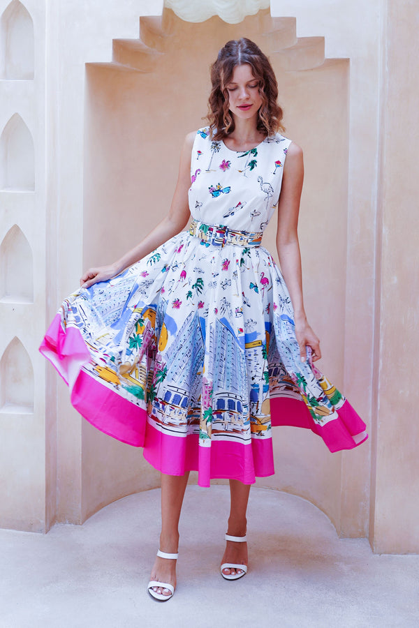 Abelia Dress Crew Neck Sleeveless Midi Length Cotton Stretch (Monaco White)