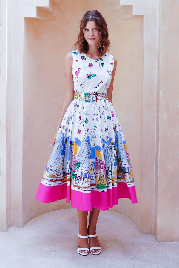 Abelia Dress Crew Neck Sleeveless Midi Length Cotton Stretch (Monaco White)