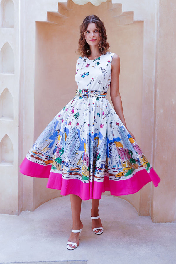 Abelia Dress Crew Neck Sleeveless Midi Length Cotton Stretch (Monaco White)